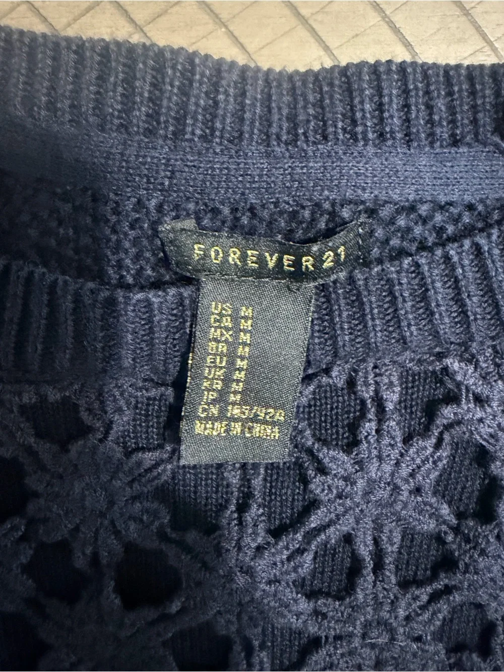 Forever 21 Navy Crochet Front Crew Neck Sweater